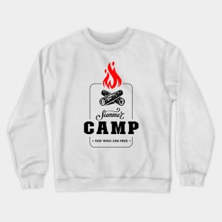 Summer Camp Stay Wild and Free Camping Wildlife Born to Camp Forced To Work Dark Background Camping Campfire Summer Design Crewneck Sweatshirt